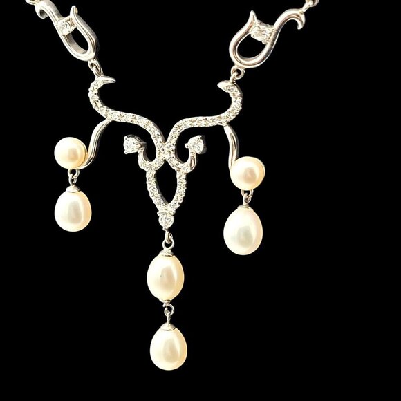 VTG Pearl & Silver Pendant Necklace Elegant Drop Design by CGI CN Wedding 18" - Picture 4 of 8